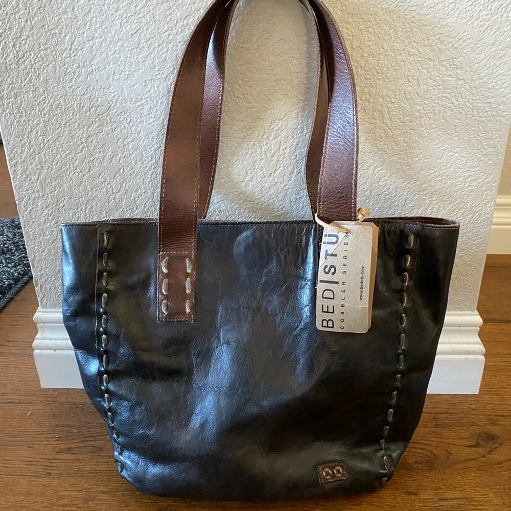 BED|STU Stevie Black with Dark Brown Straps Leather Shoulder Tote - Picture 1 of 6
